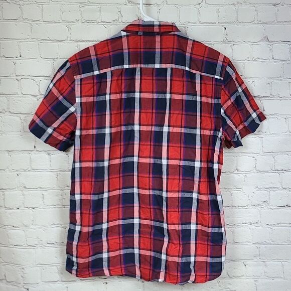 American Eagle Men Small Slim Fit Red Blue Plaid Button Down Short Sleeve Shirt - Picture 2 of 6